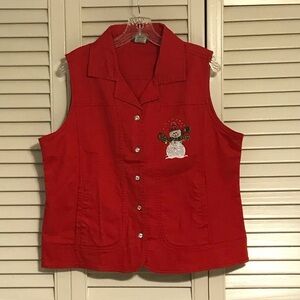 Women's Red Sleeveless Vest with Snowman Embroidery